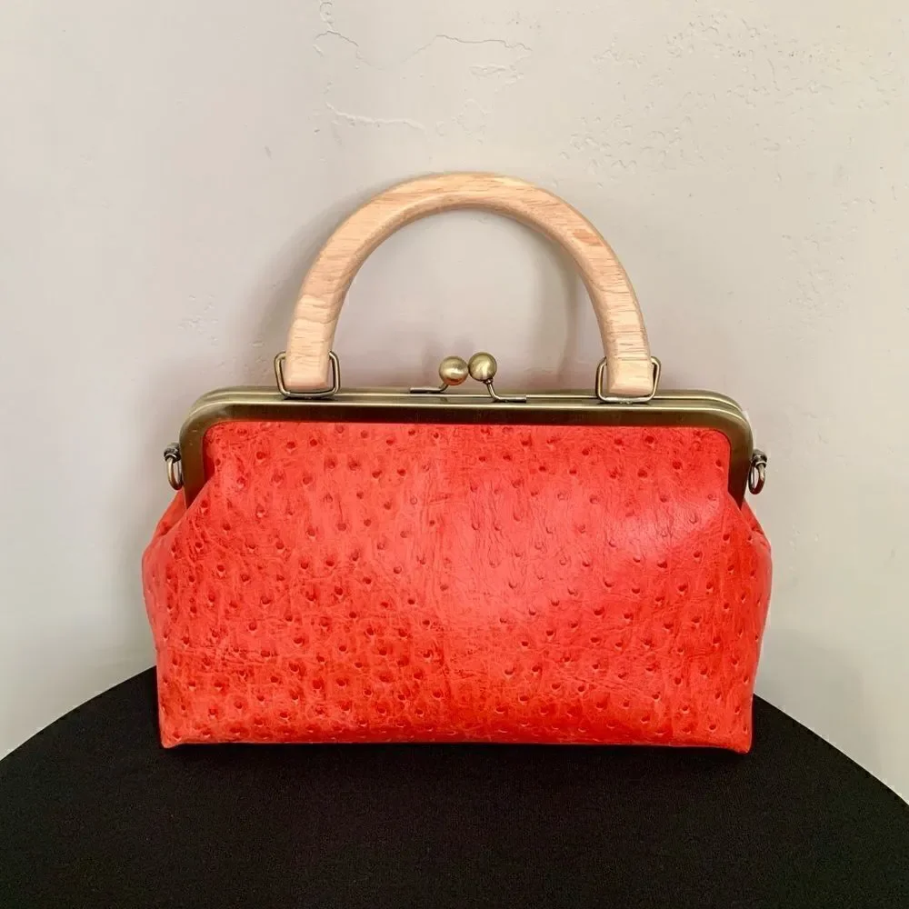 Handmade Genuine Ostrich Textured Cowhide, Wood Handle Kisslock Metal Frame Bag